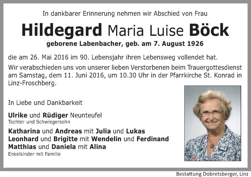  Traueranzeige für Hildegard Maria Luise Böck vom 04.06.2016 aus OÖNachrichten