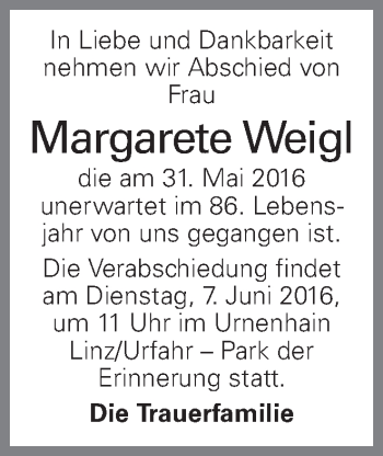 Traueranzeige von Margarete Weigl von OÖNachrichten