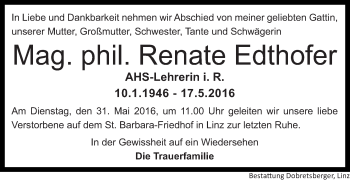 Traueranzeige von Renate Edthofer von OÖNachrichten