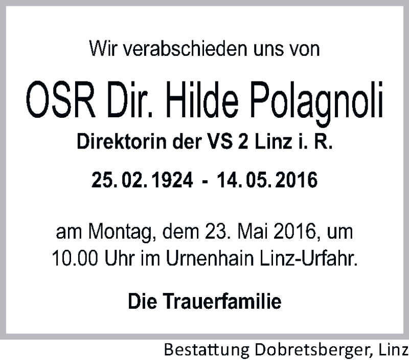  Traueranzeige für Hilde Polagnoli vom 19.05.2016 aus OÖNachrichten