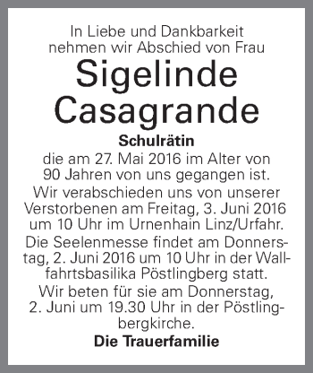 Traueranzeige von Sigelinde Casagrande von OÖNachrichten