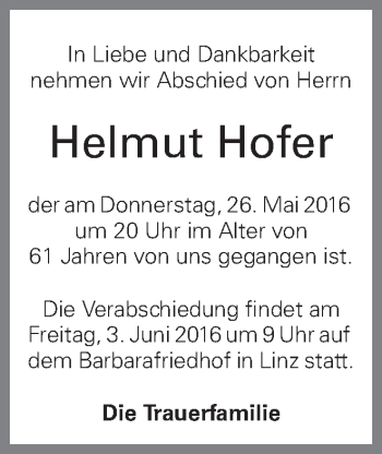 Traueranzeige von Helmut Hofer von OÖNachrichten