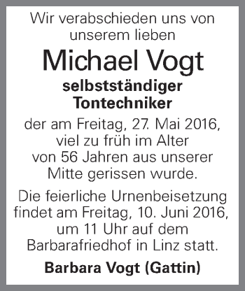 Traueranzeige von Michael Vogt von OÖNachrichten