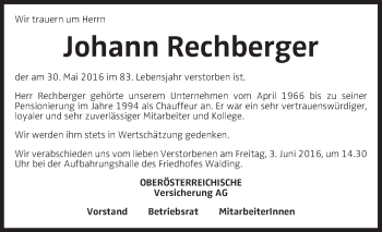 Traueranzeige von Johann Rechberger von OÖNachrichten