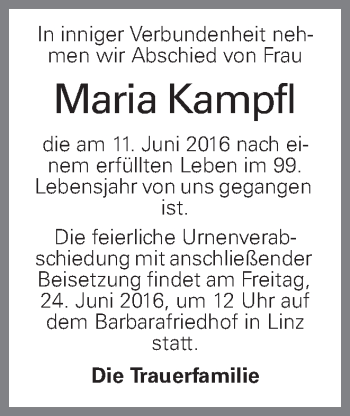 Traueranzeige von Maria Kampfl von OÖNachrichten