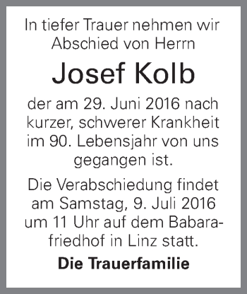 Traueranzeige von Josef Kolb von OÖNachrichten