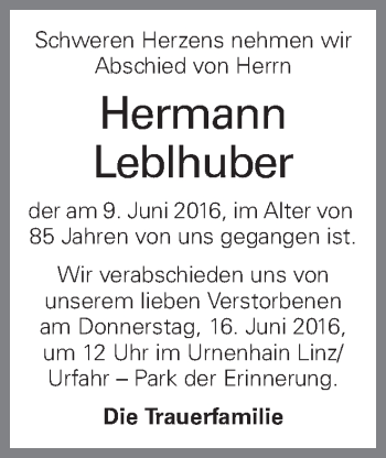 Traueranzeige von Hermann Leblhuber von OÖNachrichten