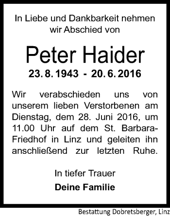 Traueranzeige von Peter Haider von OÖNachrichten