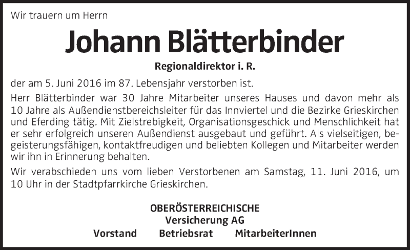  Traueranzeige für Johann Blätterbinder vom 09.06.2016 aus OÖNachrichten