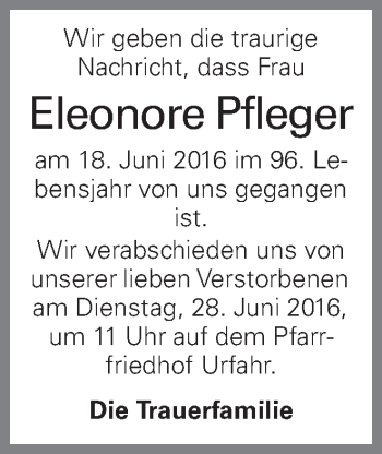 Traueranzeige von Eleonore Pfleger von OÖNachrichten