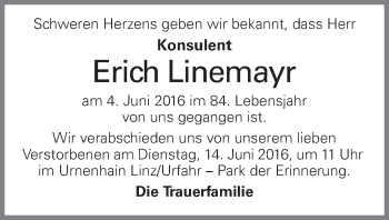 Traueranzeige von Erich Linemayr von OÖNachrichten