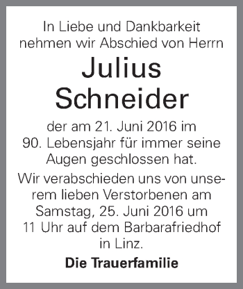 Traueranzeige von Julius Schneider von OÖNachrichten