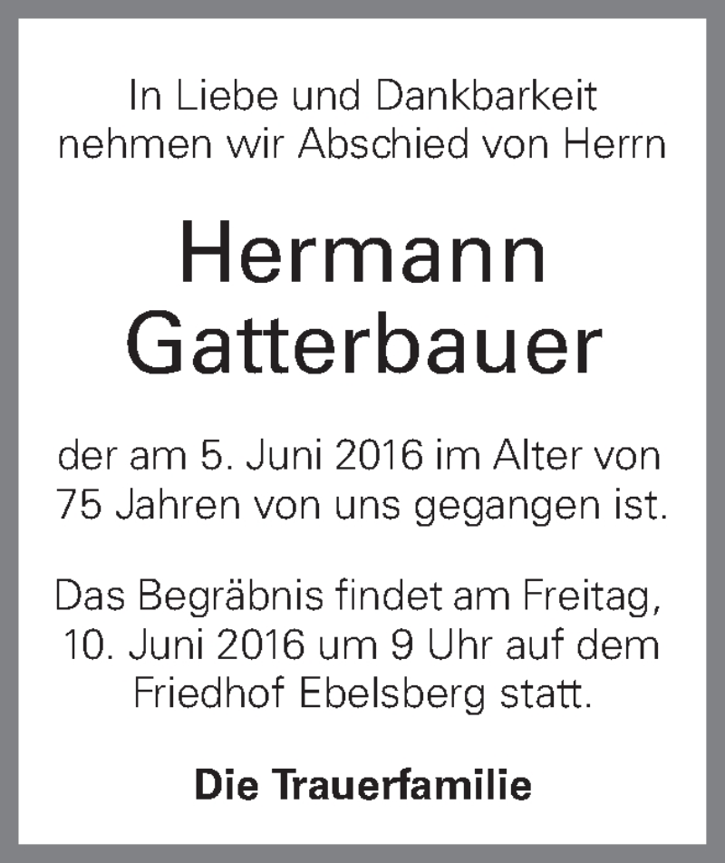  Traueranzeige für Hermann Gatterbauer vom 09.06.2016 aus OÖNachrichten