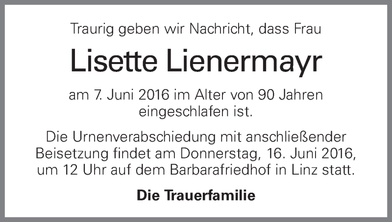  Traueranzeige für Lisette Lienermayr vom 11.06.2016 aus OÖNachrichten