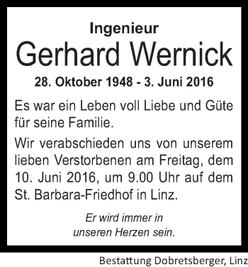 Traueranzeige von Gerhard Wernick von OÖNachrichten