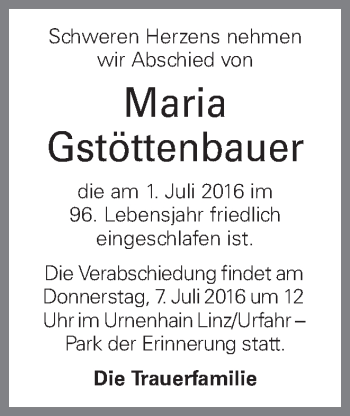 Traueranzeige von Maria Gstöttenbauer von OÖNachrichten