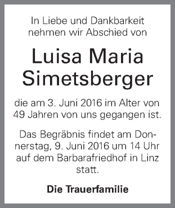 Traueranzeige von Luisa Maria Simetsberger von OÖNachrichten