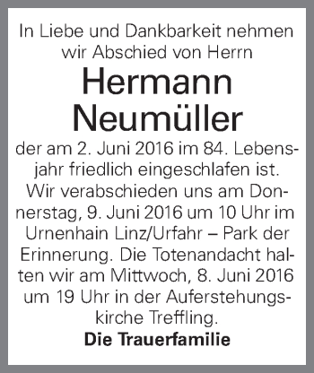 Traueranzeige von Hermann Neumüller von OÖNachrichten