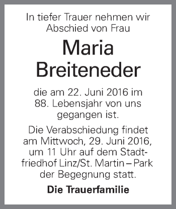Traueranzeige von Maria Breiteneder von OÖNachrichten