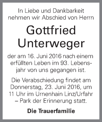 Traueranzeige von Gottfried Unterweger von OÖNachrichten