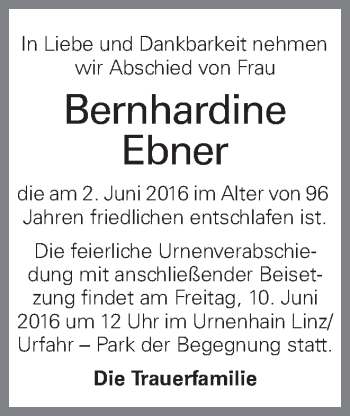 Traueranzeige von Bernhardine Ebner von OÖNachrichten
