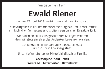 Traueranzeige von Ewald Riener von OÖNachrichten