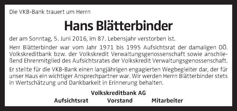  Traueranzeige für Hans Blätterbinder vom 10.06.2016 aus OÖNachrichten