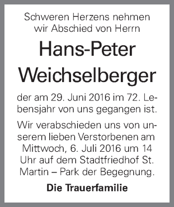 Traueranzeige von Hans-Peter Weichselberger von OÖNachrichten