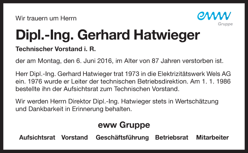  Traueranzeige für Gerhard Hatwieger vom 14.06.2016 aus OÖNachrichten