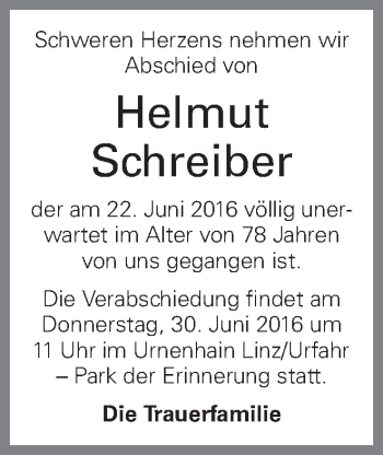 Traueranzeige von Helmut Schreiber von OÖNachrichten