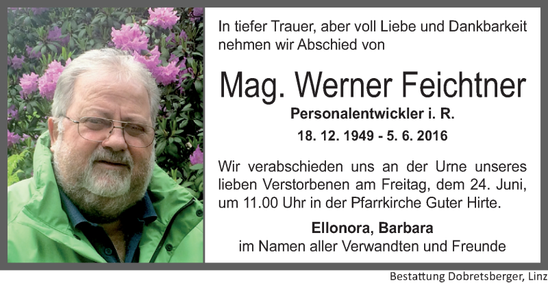  Traueranzeige für Werner Feichtner vom 18.06.2016 aus OÖNachrichten