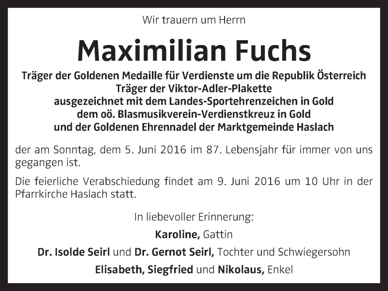  Traueranzeige für Maximilian Fuchs vom 08.06.2016 aus OÖNachrichten