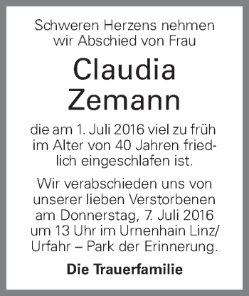 Traueranzeige von Claudia Zemann von OÖNachrichten