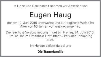 Traueranzeige von Eugen Haug von OÖNachrichten