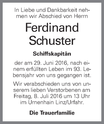 Traueranzeige von Ferdinand Schuster von OÖNachrichten