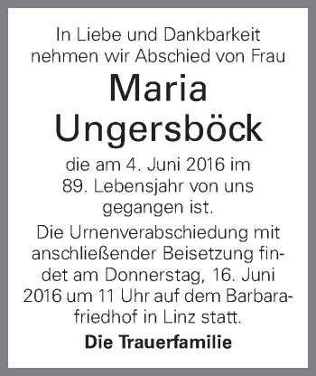 Traueranzeige von Maria Ungersböck von OÖNachrichten