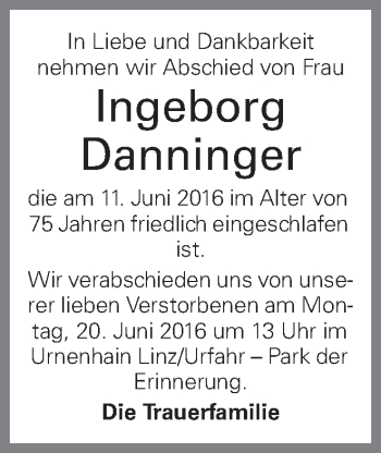 Traueranzeige von Ingeborg Danninger von OÖNachrichten