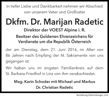 Traueranzeige von Marijan Radetic von OÖNachrichten