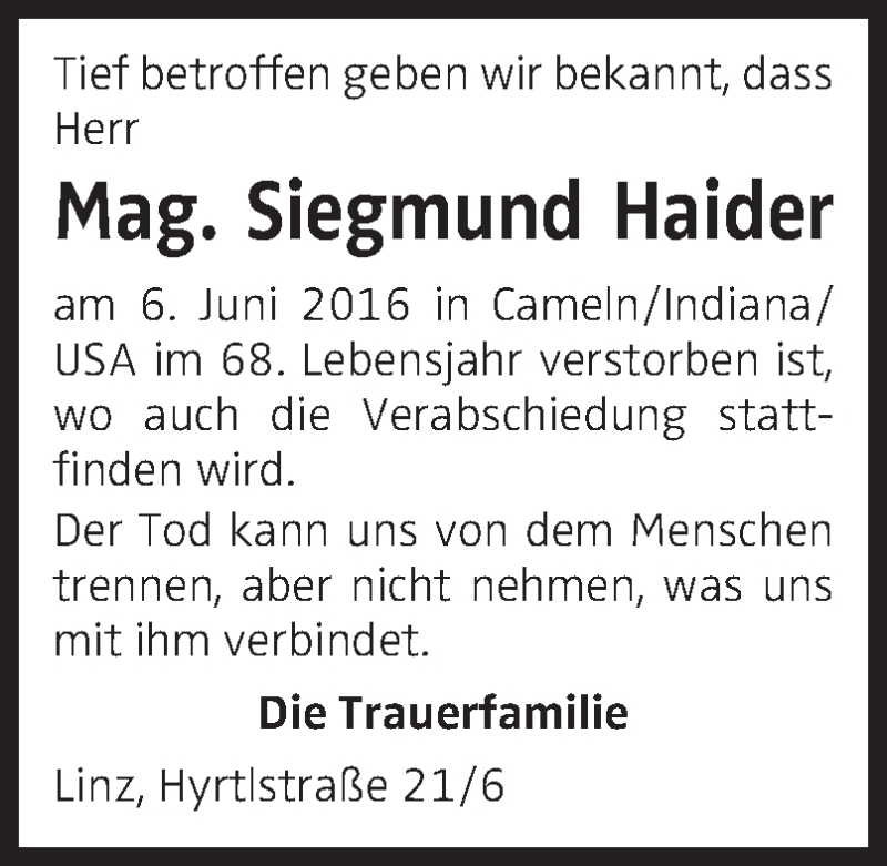  Traueranzeige für Siegmund Haider vom 13.06.2016 aus OÖNachrichten