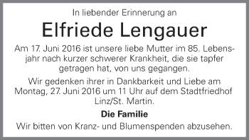 Traueranzeige von Elfriede Lengauer von OÖNachrichten
