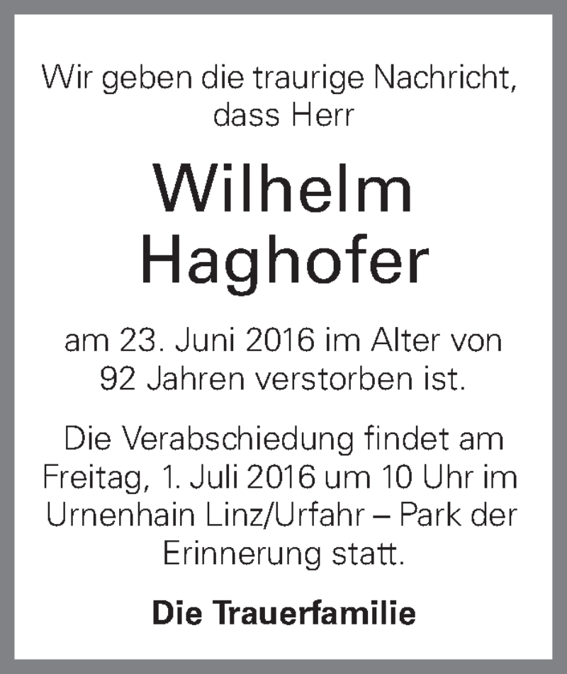  Traueranzeige für Wilhelm Haghofer vom 29.06.2016 aus OÖNachrichten