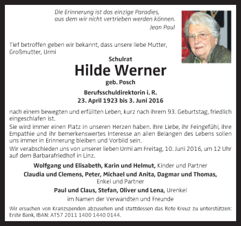 Traueranzeige von Hilde Werner von OÖNachrichten