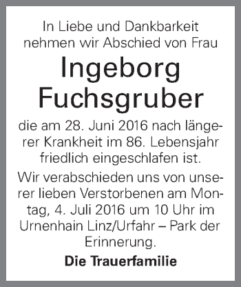 Traueranzeige von Ingeborg Fuchsgruber von OÖNachrichten