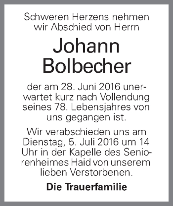 Traueranzeige von Johann Bolbecher von OÖNachrichten