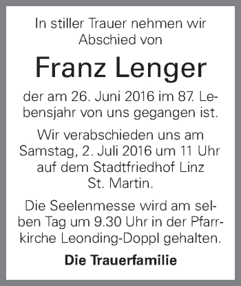 Traueranzeige von Franz Lenger von OÖNachrichten