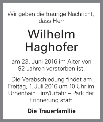Traueranzeige von Wilhelm Haghofer von OÖNachrichten