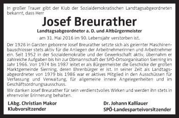 Traueranzeige von Josef Breurather von OÖNachrichten