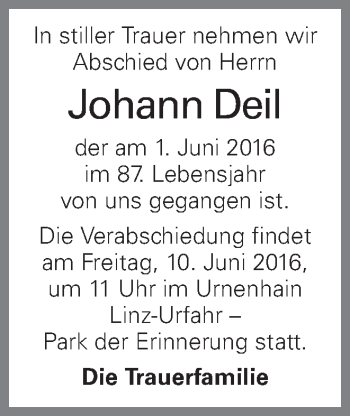 Traueranzeige von Johann Deil von OÖNachrichten