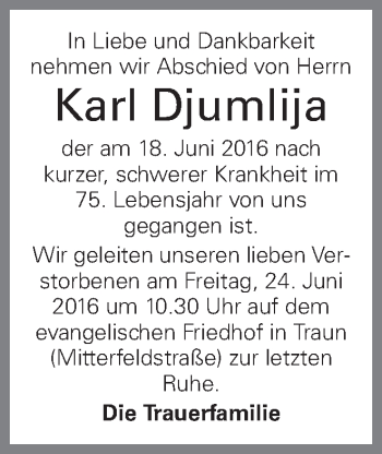 Traueranzeige von Karl Djumlija von OÖNachrichten