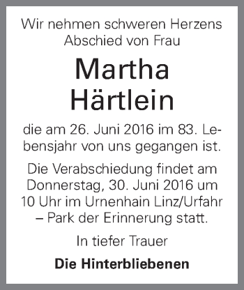 Traueranzeige von Martha Härtlein von OÖNachrichten